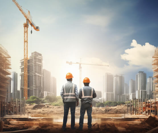 Two construction workers looking out over a city skyline from a building site with cranes