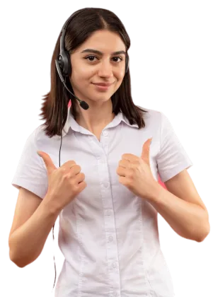Customer support advisor wearing a headset and giving a thumbs up
