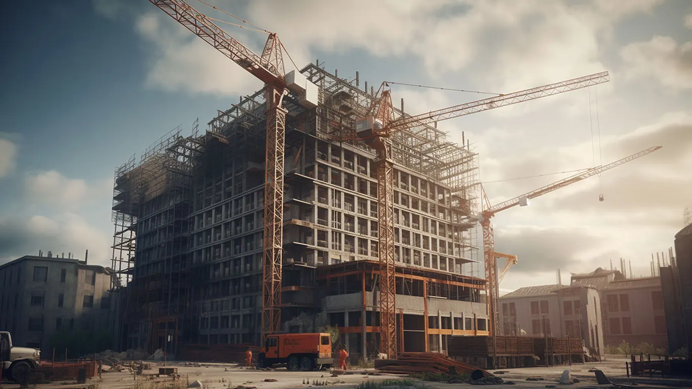 Construction site with cranes and a partly built apartment block