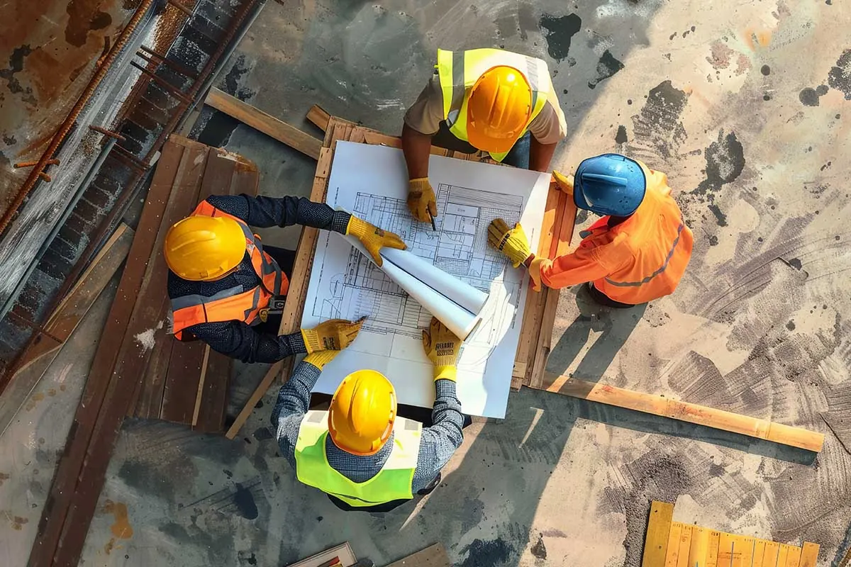 Construction team in hard hats reviewing plans from above