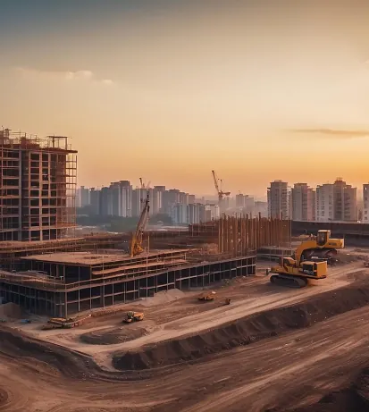 Construction site at sunset with excavators and a city skyline behind