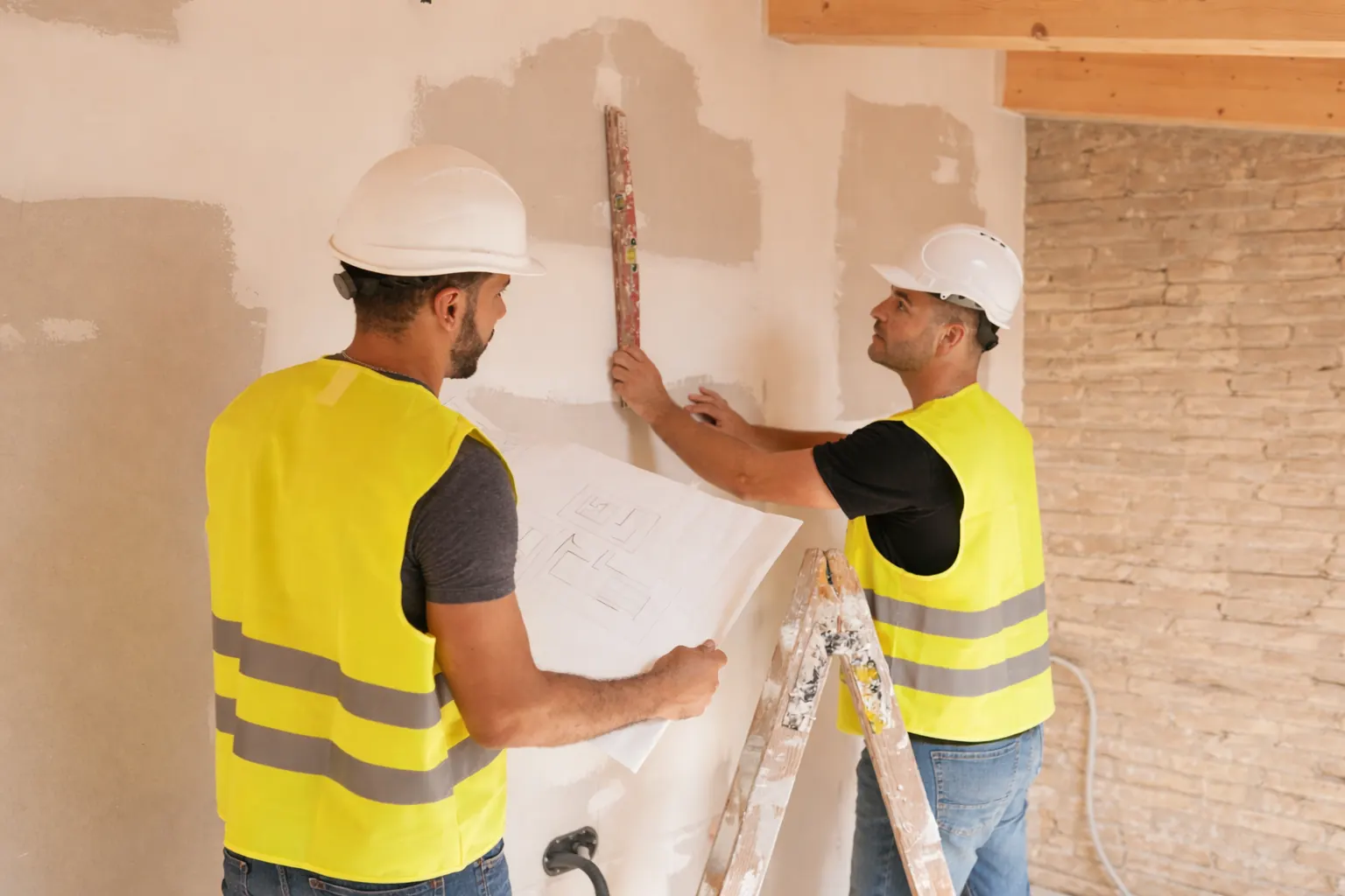 Two builders in hi-vis vests measuring a wall with a spirit level inside a home