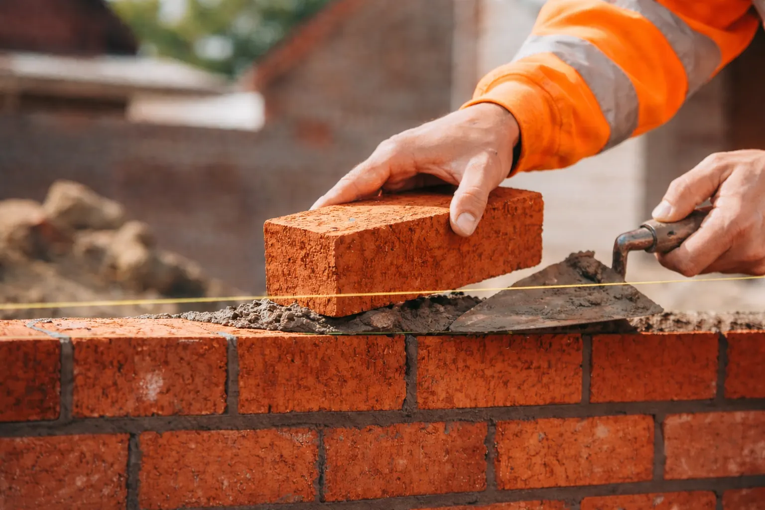 Bricklayer laying a brick on a wall