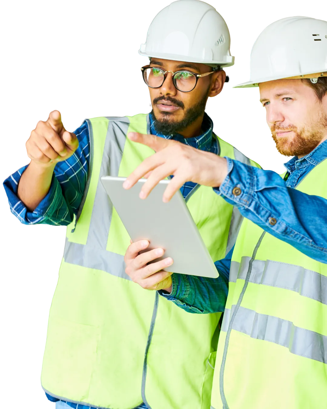 Two construction professionals in hard hats and hi-vis vests discussing plans on a tablet